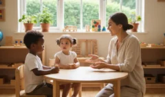 A montessori educator communicating with two young children with a Montessori approach